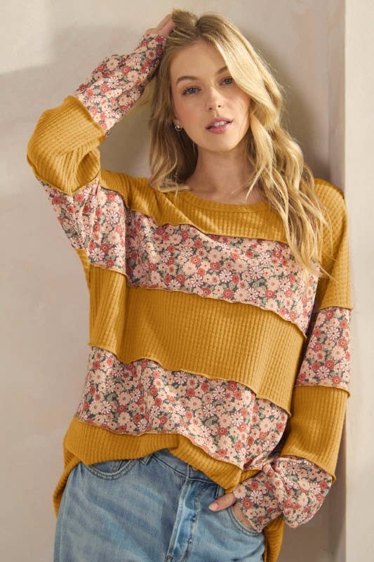 SENNEP T4479HE11-Solid og Blomstret Kontrast Langærmet Top for engroshandel på Faire