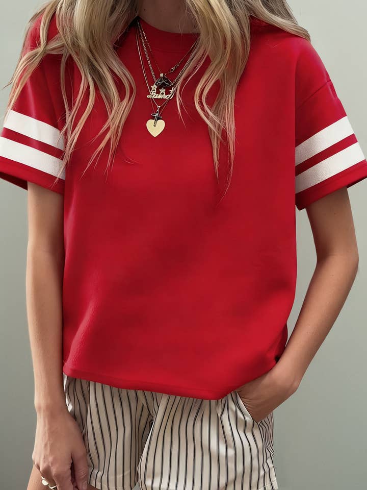 Varsity Striped Short Sleeve Crew Neck T Shirt (S-XL) for wholesale by 66DISCO