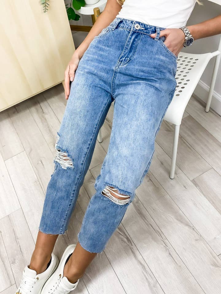 High Waist Ripped Boyfriend Jeans for wholesale by Anna Kaci Wholesale