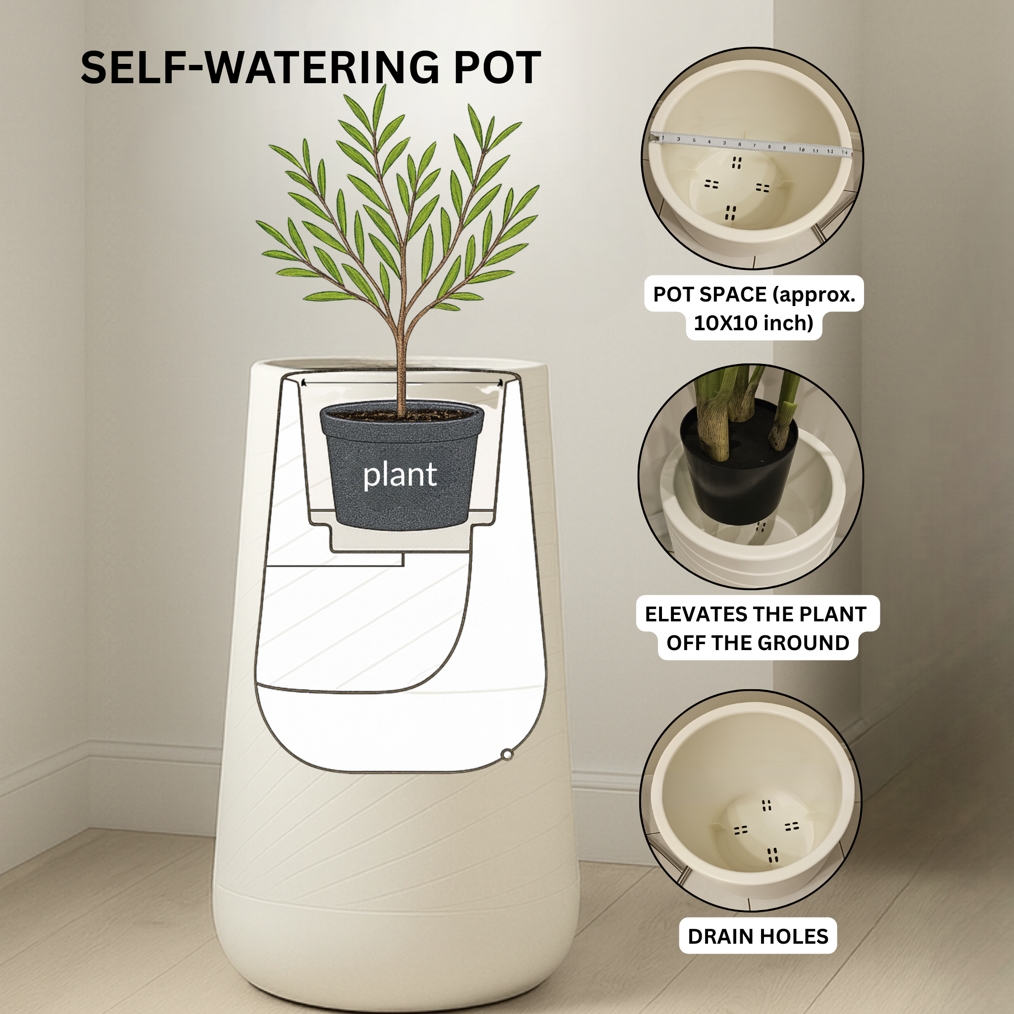 Sona Casa - Wholesale Plant Pot - Tall Indoor Decorative Planter, Modern Contemporary Self Watering Pot Home, Porch, Patio Decor Gifts3