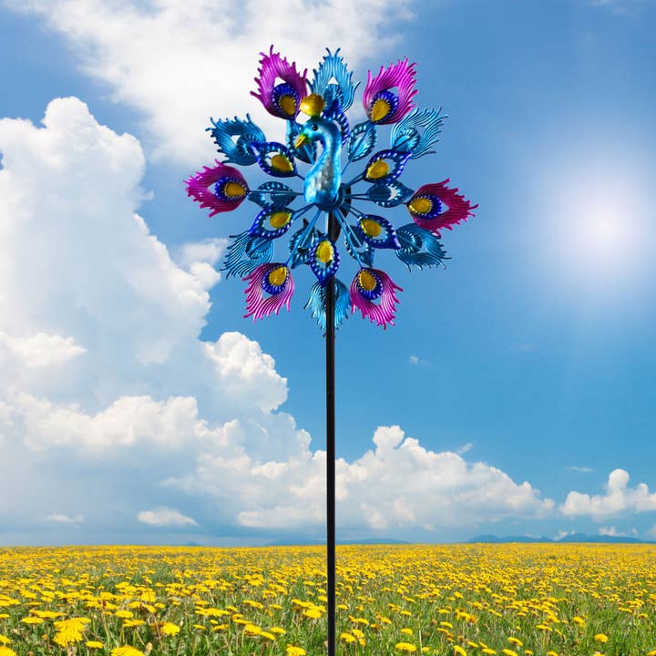 Double Layer Peacock Kinetic Wind Spinner Garden Stake for wholesale by Alpine Corporation
