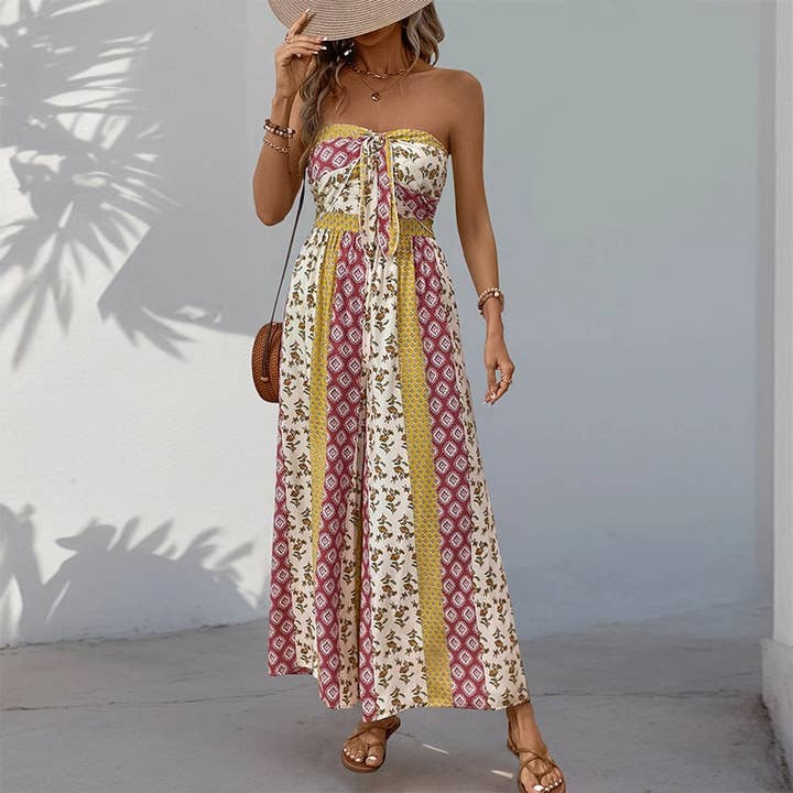 FULL TIME PURCHASE - Wholesale Jumpsuit - Women's - Strapless Smocked Romper Tube Top Flare Trousers Jumpsuit2