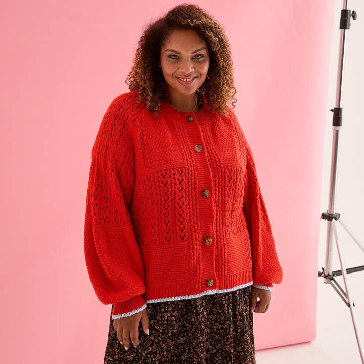 Cara & The Sky - Wholesale Cardigan - Women's - Brigit Pointelle Stitch Balloon Sleeve Cardigan - Orange7