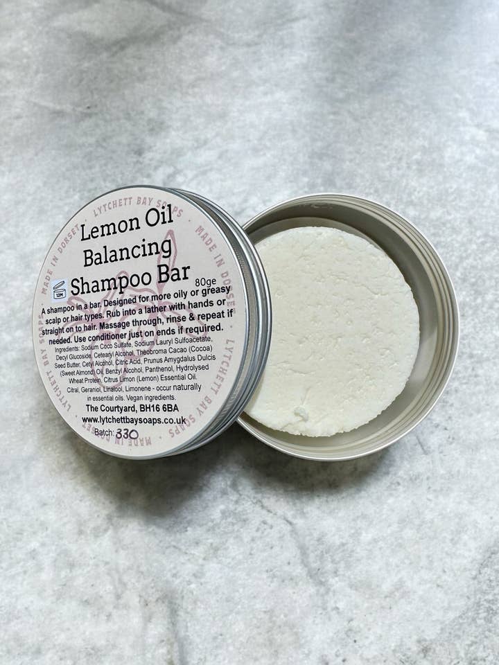 Lemon Oil Balancing Shampoo Bar in travel/storage tin 100g for wholesale by Lytchett Bay Soaps