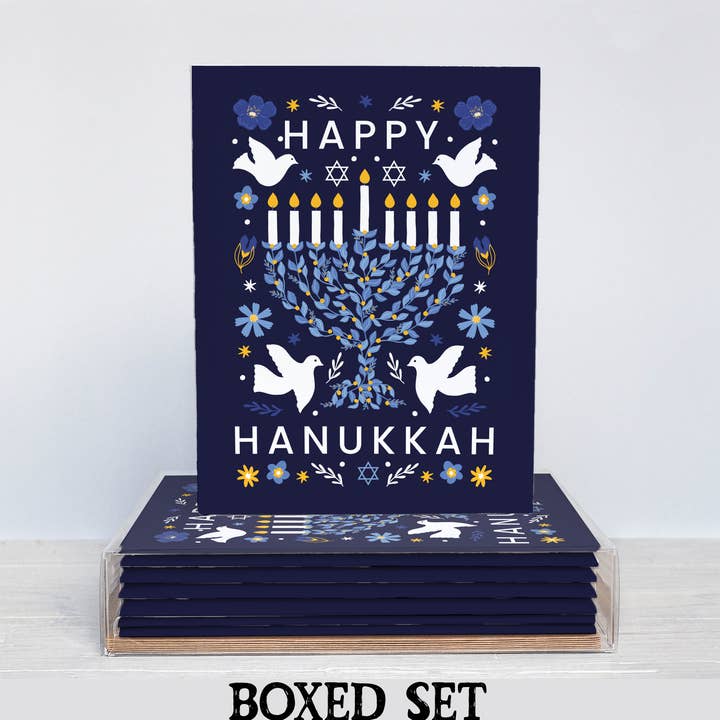 BOXED SET White Doves Hanukkah Greeting Card HK06 Menorah for wholesale by Oakwind Hollow