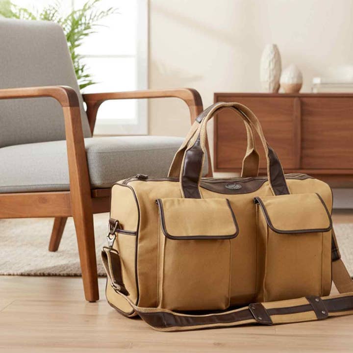 Brown Tan Cotton Boll Canvas Weekender Bag for wholesale on Faire4