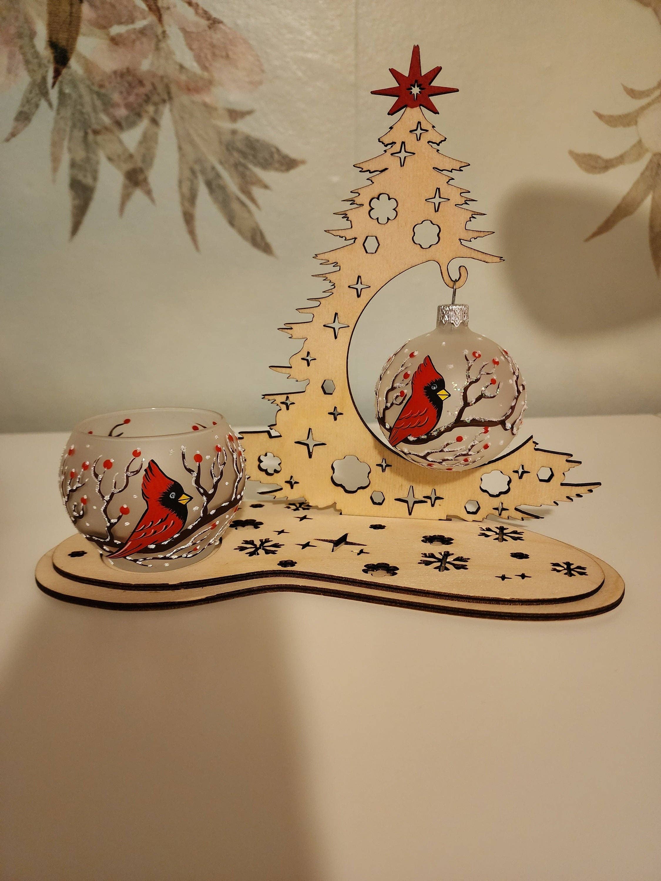 Glass by Iness - Wholesale Ornament - Instant Christmas - Cardinals In A Tree - Hand Made In Ukraine - Blown Glass - Ornament & Candle Holder Combo - Real Wood Tree - Great Gift