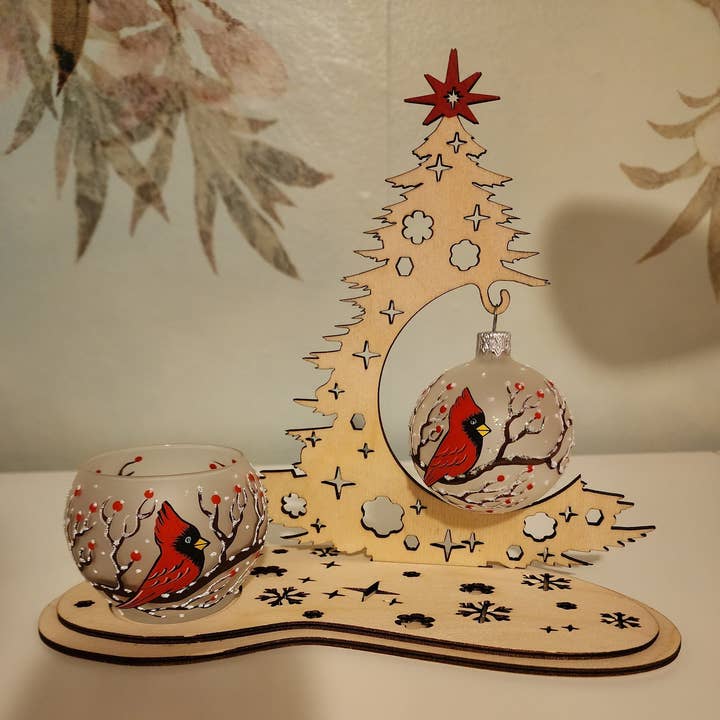 Glass by Iness - Wholesale Ornament - Instant Christmas - Cardinals In A Tree - Hand Made In Ukraine - Blown Glass - Ornament & Candle Holder Combo - Real Wood Tree - Great Gift0