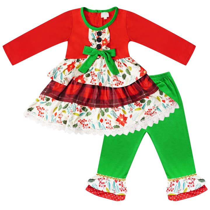 Girls Christmas Holiday Ruffle Tiered Tunic Top Pants Set - Red for wholesale by Angeline Kids