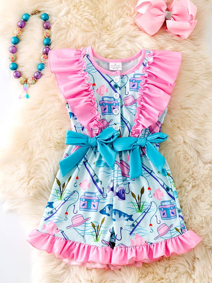 Gone fishing-light blue fish printed romper with ruffle hem. PNG50148 SOL for wholesale by Kids Charm Online