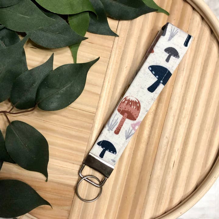 Cream Mushroom Print Fabric Wristlet Keychain, Key Fob for wholesale by MDStickerShop