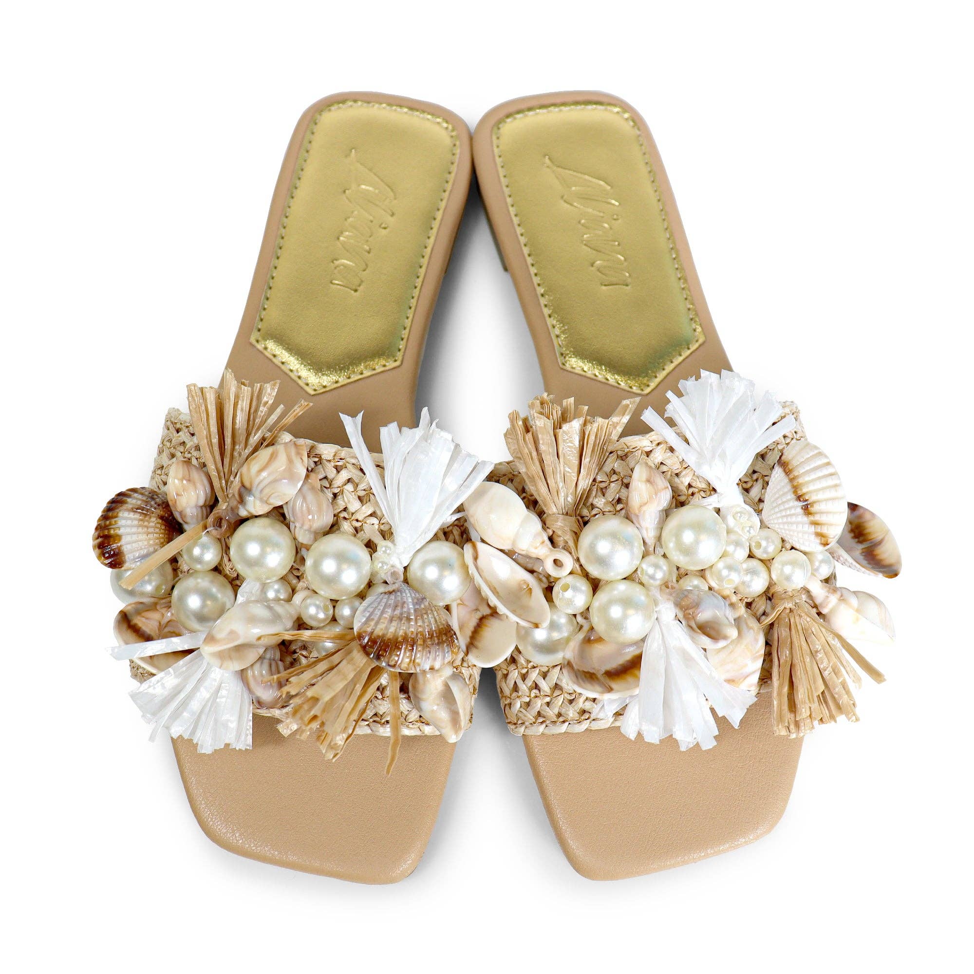 Naturel LEXI-1 SANDALE PLATE EN RAFFIA DE PLAGE AVEC COQUILLAGE ET PERLE NATURELLE en vente sur Faire6