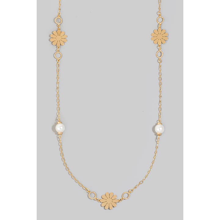 The Looks by Fame Accessories - Wholesale Pendant/Charm Necklace - Pearl And Flat Metallic Flower Station Charms Long Necklace