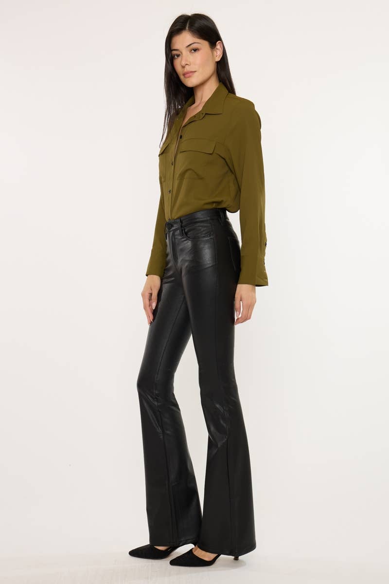 NOIR OUVRIR LE PAQUET PANTALON ÉVASÉ EN CUIR VÉGÉTALIEN TAILLE MI-HAUTE-KC6102PBK en vente sur Faire3