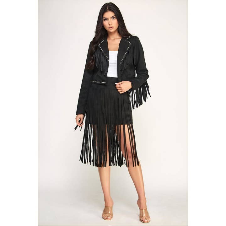 Plus Suede Fringe Detail Western Jacket & Midi Skirt Set for wholesale by omgstyles