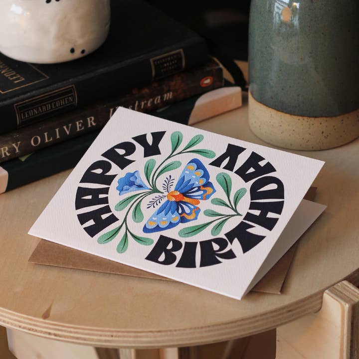 Julie Solvstrom Illustration - Wholesale Birthday Card - Happy Birthday Greeting Card | Yellow Card | Butterfly2