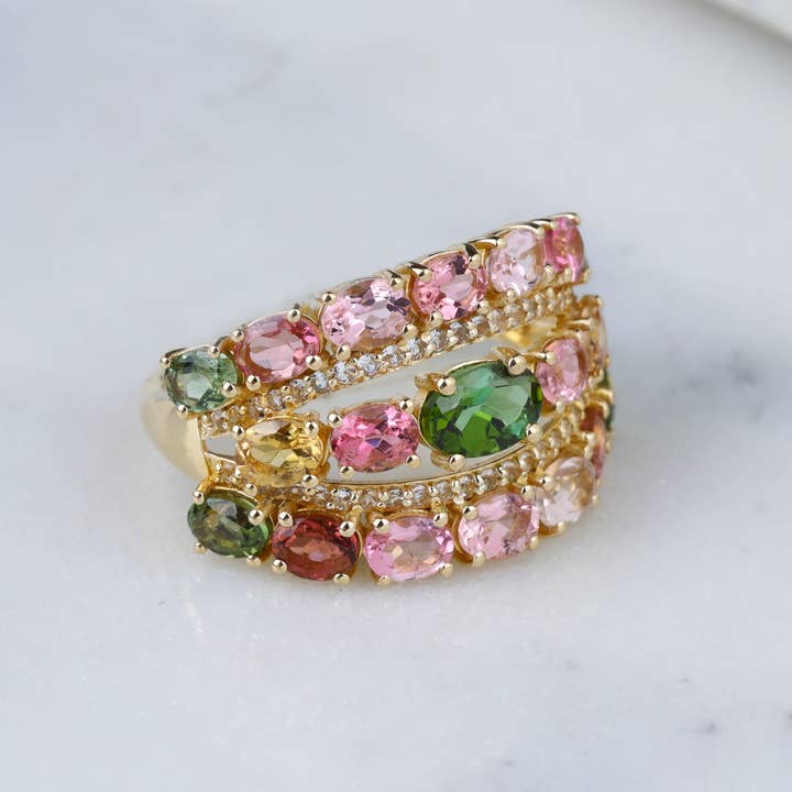 Tiramisu - Wholesale Cocktail/Statement Ring - Gold Vermeil Over Silver Multi Tourmaline Cocktail Ring2