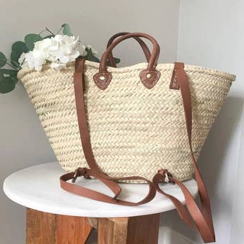 French Market Basket with back pack style leather handles