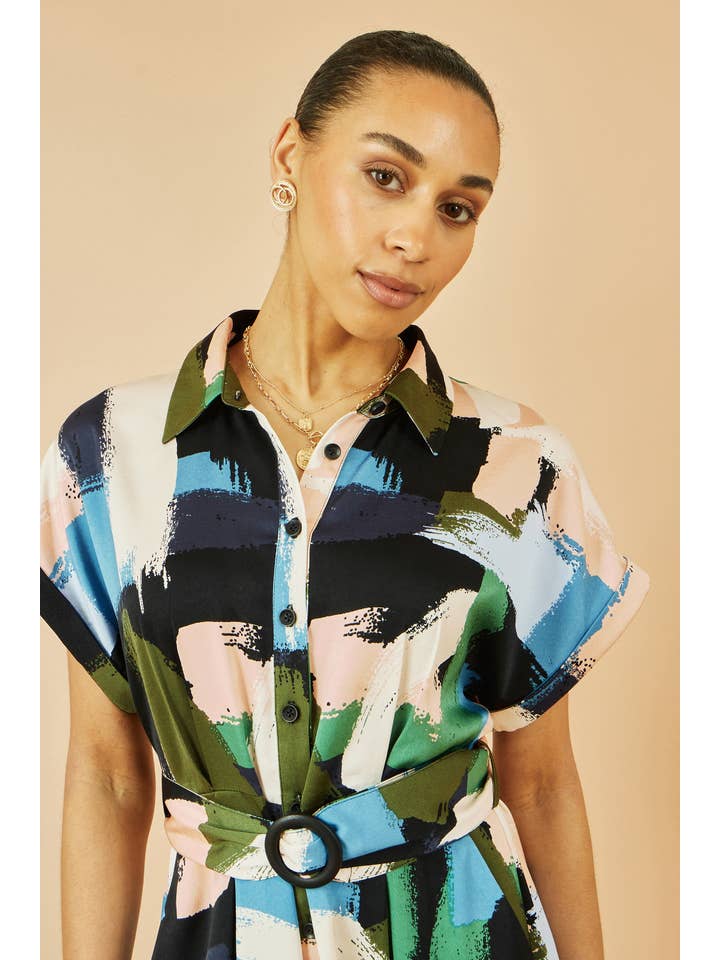 Multi Yumi Blue Brushstroke Print Relaxed Midi shirt Dress for wholesale on Faire1
