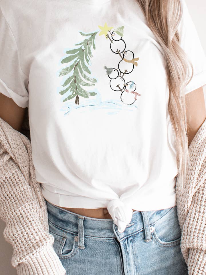 Kissed Apparel - Wholesale Screen Printed T-Shirt - Women's - Snowmen Decorating Tree with Star Graphic Tee1