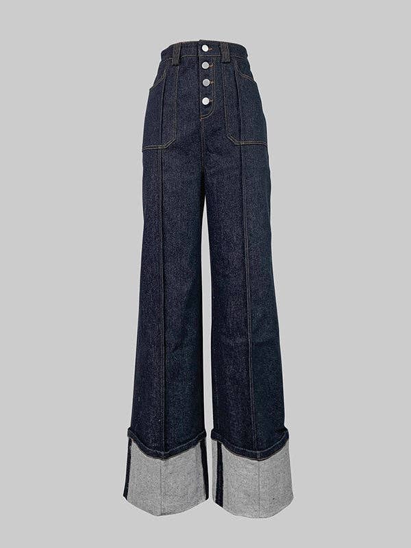 DEEP BLUE High Waist Straight Contrast Split Jean Pants for wholesale on Faire11