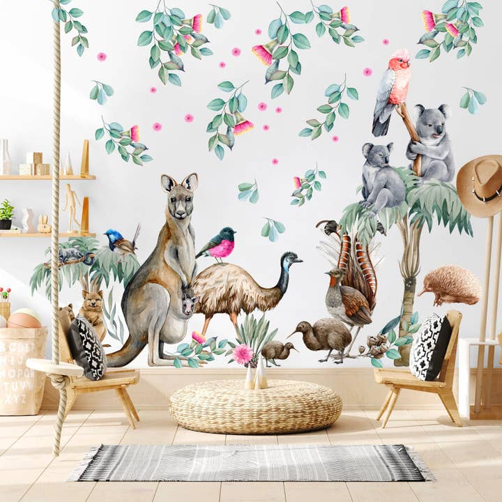 WallKoala - Wholesale Wall decal/stickers - Aussie Animals and Flowers Kangaroo Koala Leaves Removable Wall Decal Peel and Stick - BR2545