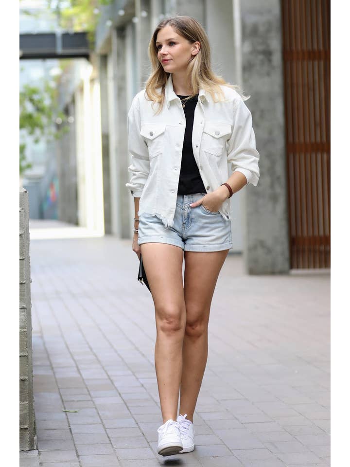 IVORY ",,.DISTRESSED CORDUROY FRAYED HEM CROPPED JACKET for wholesale on Faire