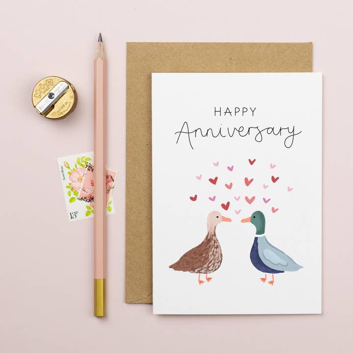 Happy Anniversary Card – Two Ducks with Hearts for wholesale by Elizabeth Mugridge