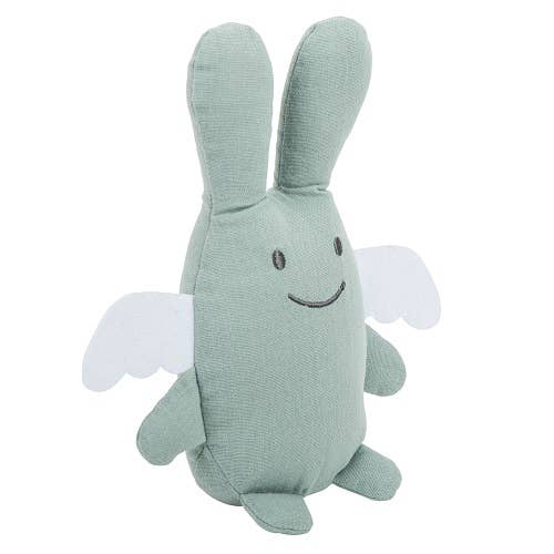 TROUSSELIER SAS - Vente Peluche – enfant et bébé - Ange Lapin Doudou avec Hochet - Coton Bio Celadon 1