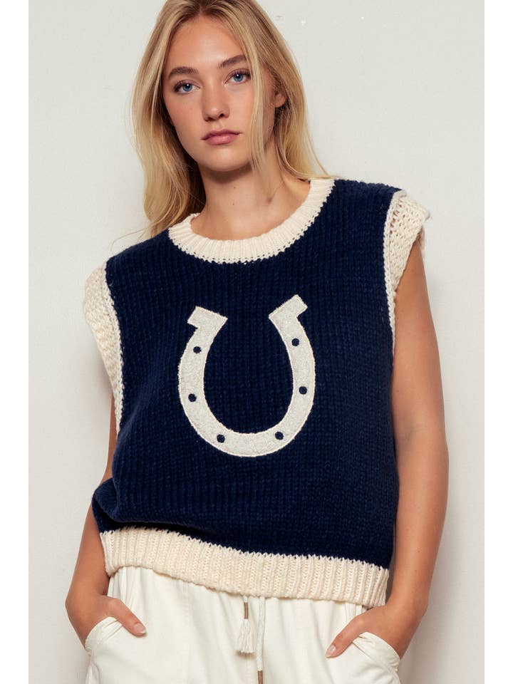 Urban Daizy - Wholesale Sweater Vest - Women's - Western Horseshoe Crochet Knit Ribbed Trim Sweater Vest
