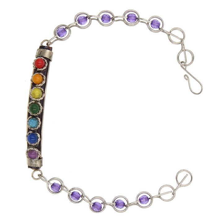 BeSheek Rainbow and Purple Chakra Leather Link Bracelet for wholesale by BESHEEK JEWELRY