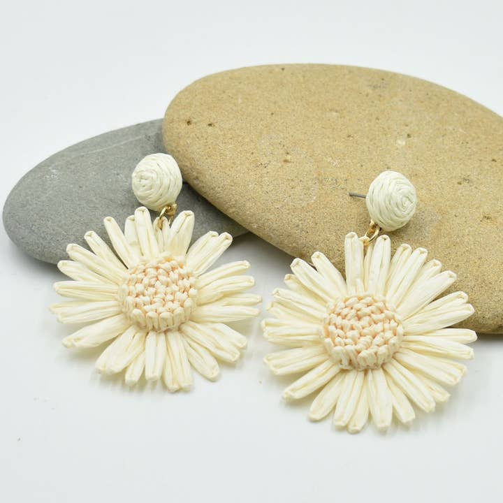 Taylor Hill Scarves & Co - Wholesale Stud/post earrings - THSE1098: Milk White: Raffia Flower Earrings2
