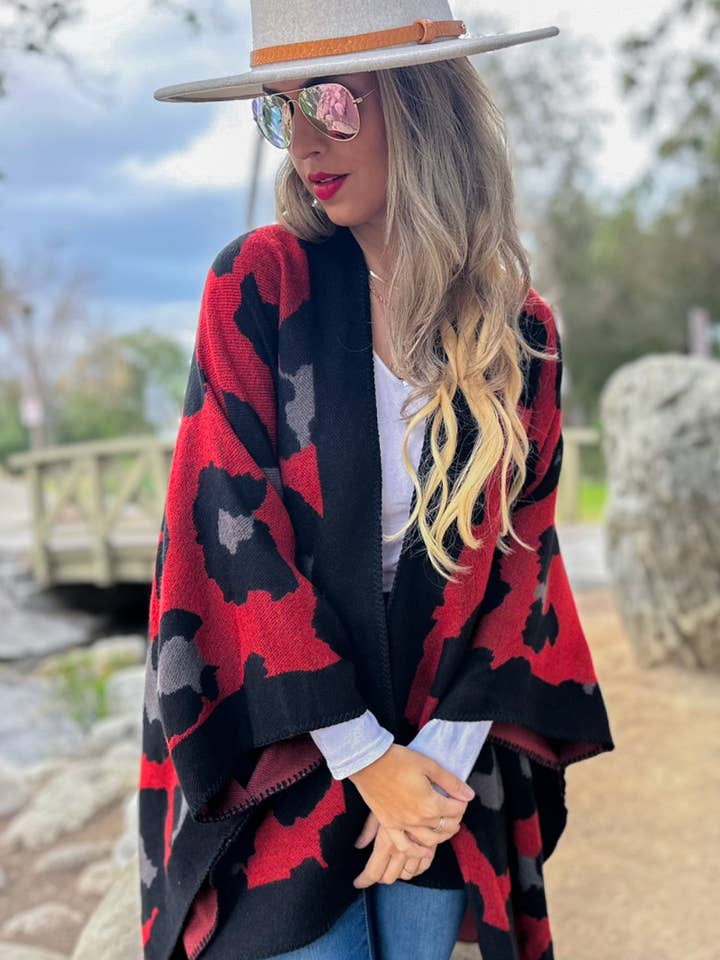Red Leopard Printed Knitted Cozy Kimono Cardigan for wholesale on Faire