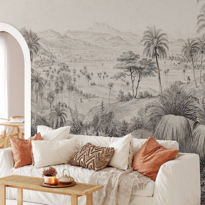 Fresque Murale Forêt Tropicale Vintage, Panoramique Autocollante pour la vente par SimurgWallArts