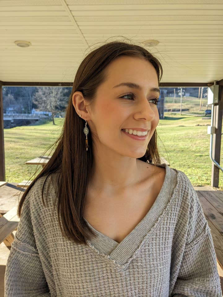 Tiger eye flower earrings for wholesale by North Fork Jewelry Design, LLC