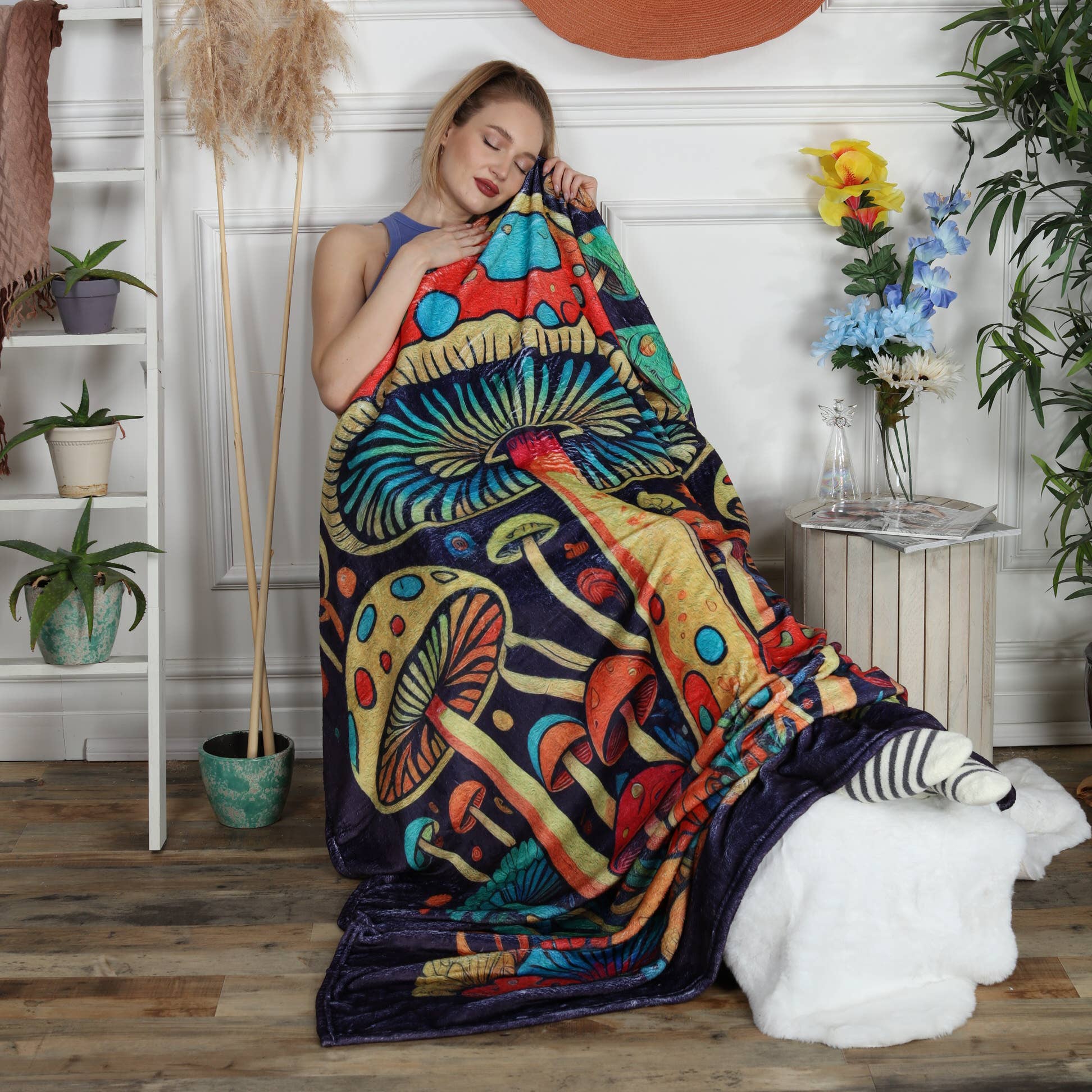 The Collection Royal / Royal Handicrafts - Wholesale Decoratiedeken - Hippie Boho-plaid van flanellen fleece, Mushroom Jungle1