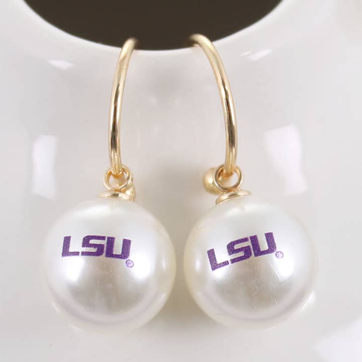 LSU Pearl Logo Hoop Earrings for wholesale by Seasons Jewelry