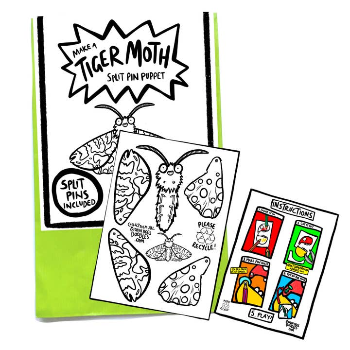 Tiger Moth Split Pin Puppet Craft Pack for wholesale by Dixon Does Doodles