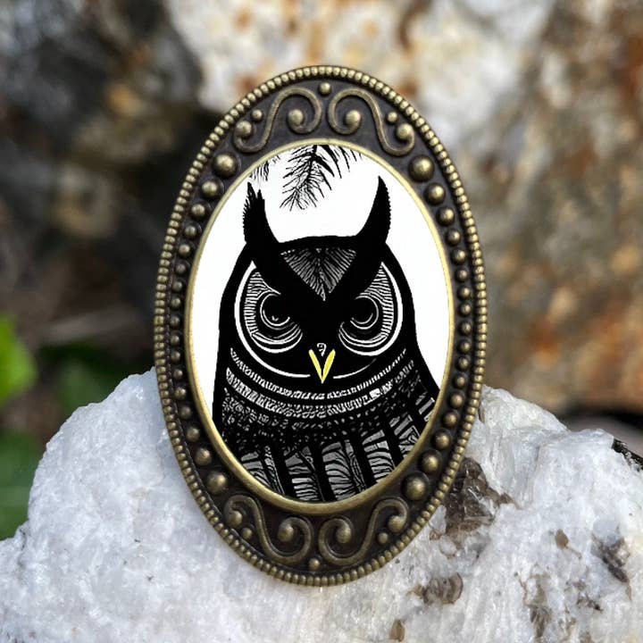 Woodcut Owl Antiqued Bronze Adjustable Ring Wood Cut Bird Brass for wholesale by FringePop