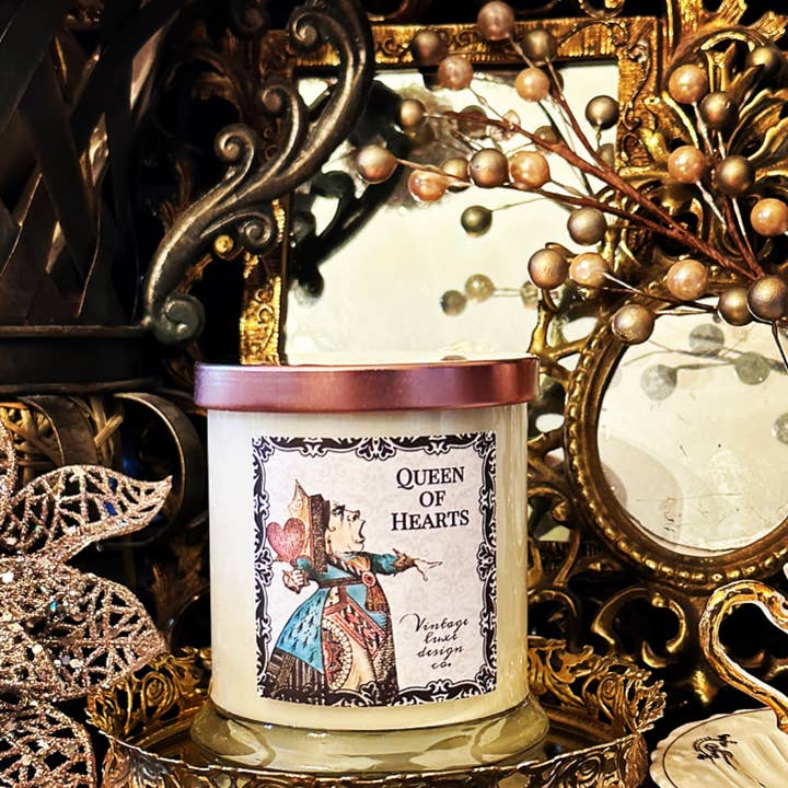 Vintage Luxe Design Co. - Wholesale Jar/Filled Candle - Queen of Hearts Alice Wonderland 10 Oz Soy Wax Candle5