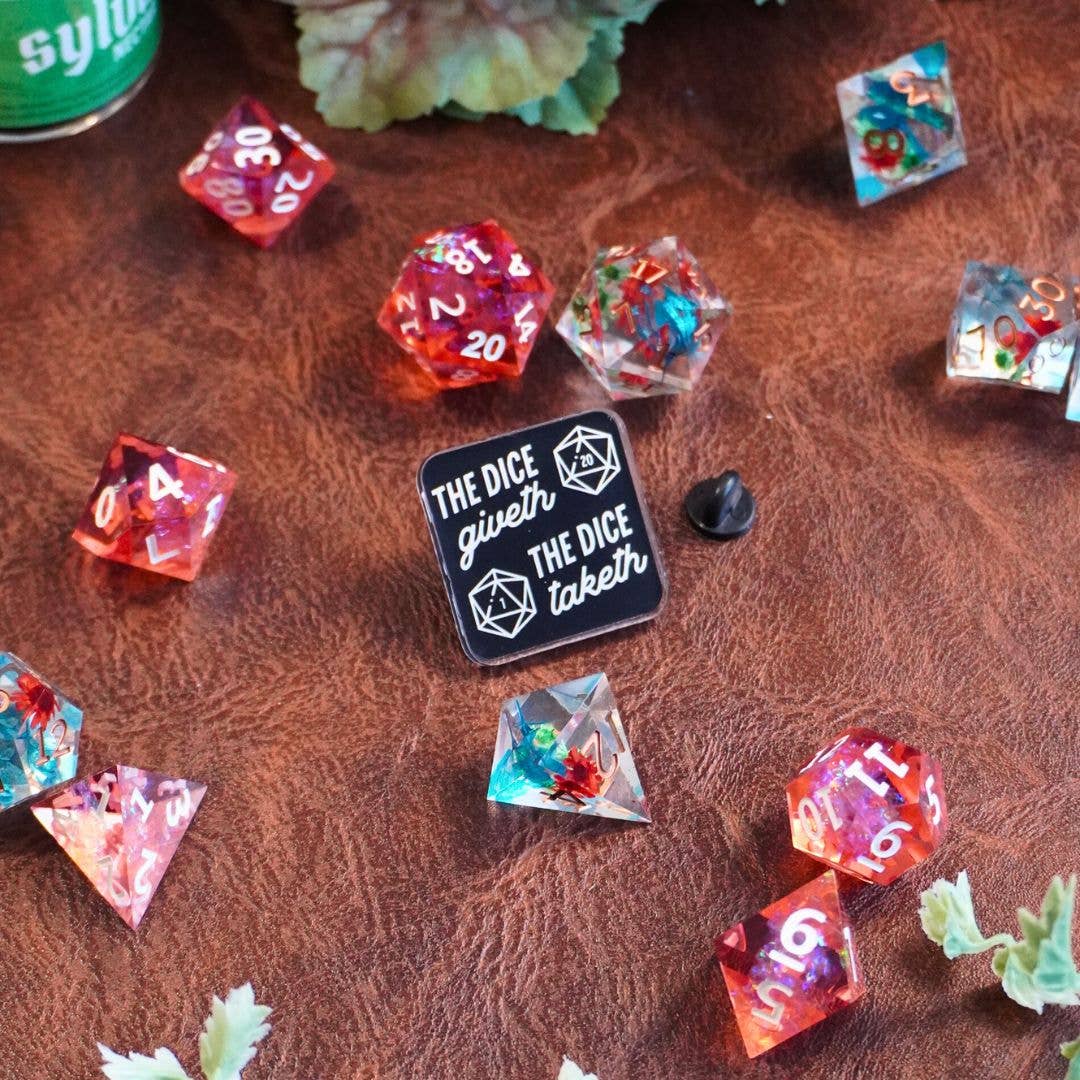 Minva Tabletop Design Co - Wholesale Lapel Pin/Button - The Dice Giveth and the Dice Taketh Acrylic Pin2