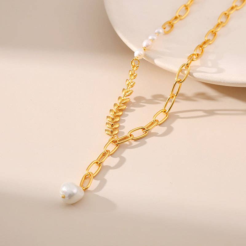 Gold Pearl Wheat Bead Chain Splicing Necklace KN0151 for wholesale on Faire3