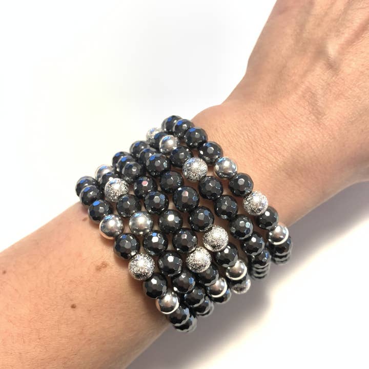 Solid Design Studios - Wholesale Beaded Bracelet - Faceted Hematite & Sterling Silver Stretch Bracelet I3