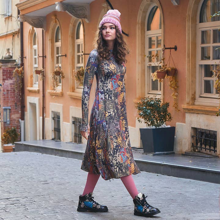 Los Banditos - Wholesale Dress - Women's - Boat Neck Thumb Hole Side Strings Brown Pattern Boho Dress3