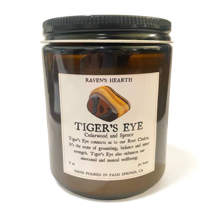 Tiger’s Eye Crystal Candle
Cedar and Spruce Scented
Vegan for wholesale by Raven’s Hearth