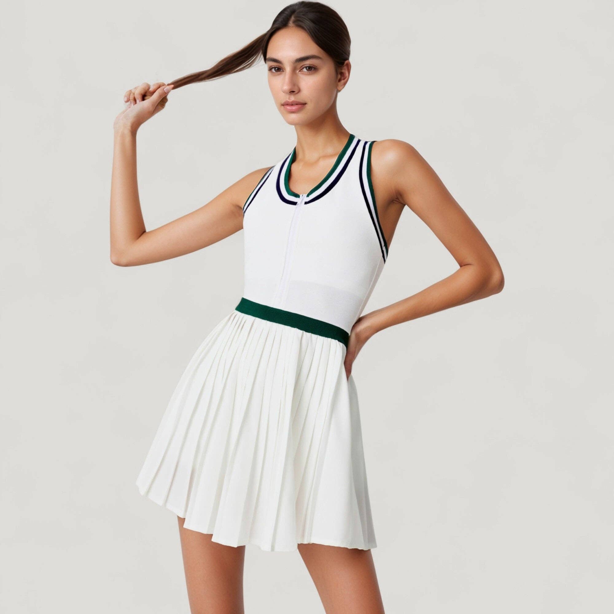 Green Sleeveless Tennis Dress with Zip Front Contrast Trim Necklin for wholesale on Faire9