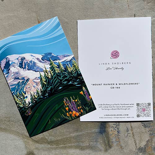 Linda Sholberg Art – Engroshandel Hverdagshilsen kort – Mount Rainier og Wildflowers lykønskningskort (5x7/A7)2