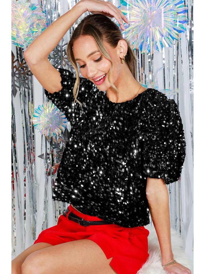 Vine & Love - Wholesale Blouse - Women's - Velvet Sequin Accent Round Neck Puff Sleeve Blouse VT8195523