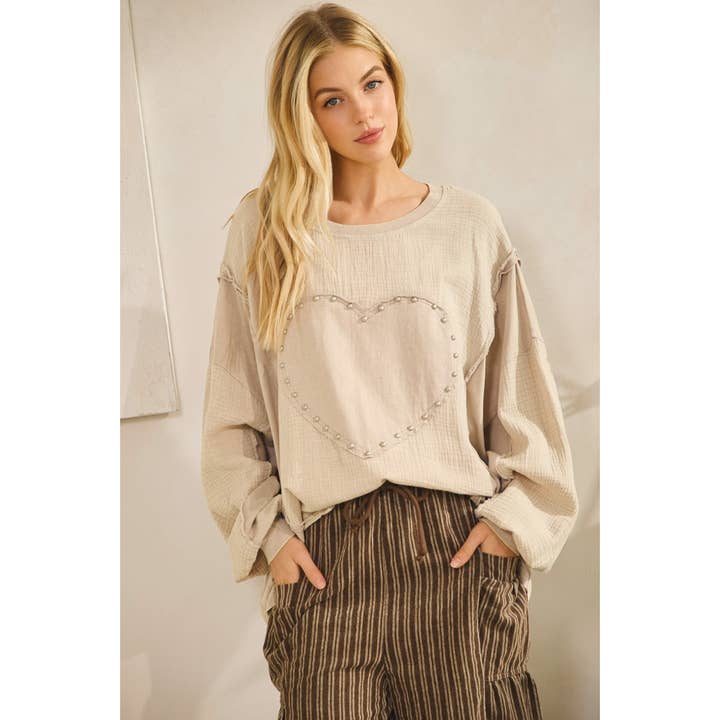 STUDDED HEART PATCH TOP (ST7540) for wholesale by Sage + Fig