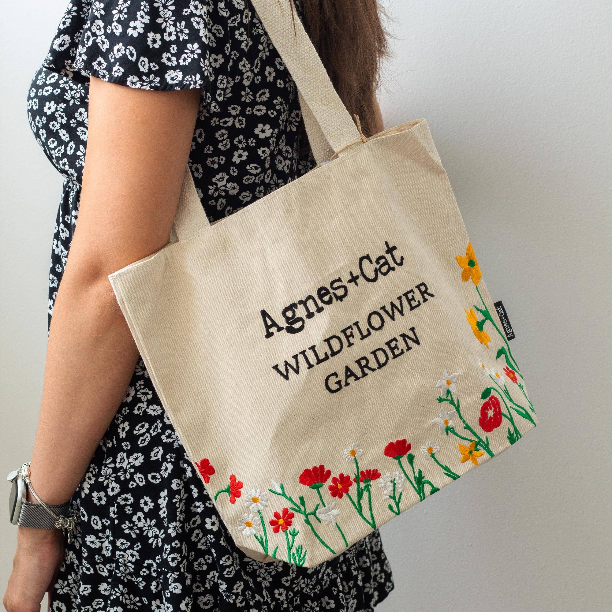 Agnes + Cat – wholesale Tote bag – Women's – Natural Cotton Tote with Embroidery - Wildflower Garden RED3